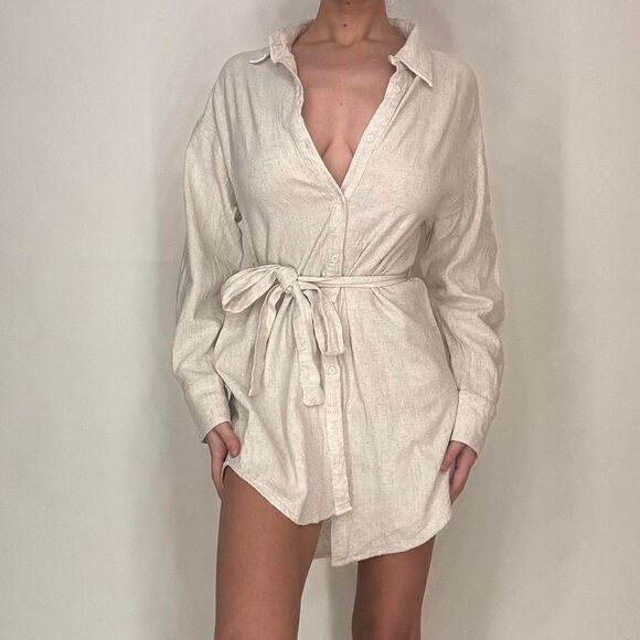 ASOS Dresses & Skirts - Linen Shirt Dress asos long sleeve button down size 8 Boho Cream Mini Dress